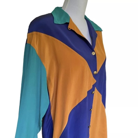 Vtg 80s Top 100% Silk Color Block Blouse Gold Buttons Shoulder Pads Size L - Picture 2 of 10